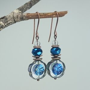 HAND CRAFTED Cottagecore Czech Glass Flower Earrings Blue Crystal Copper Dangle